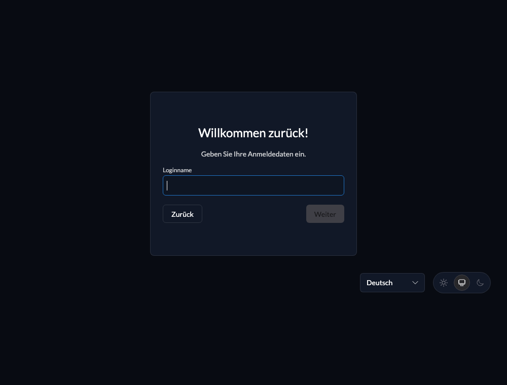 Zitadels Anmeldemaske: Überschrift „Willkommen zurück!“, ein Feld „Loginname“, Schaltflächen Zurück und Weiter.